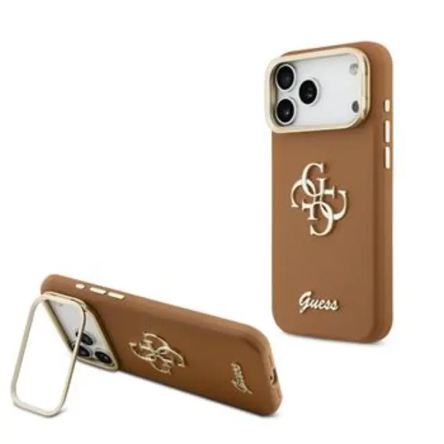 Guess PU Grained 4G Logo Stand Camera Frame Case for iPhone 17 Pro Max Brown