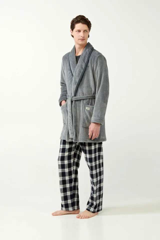Uomo Di Vamp Ανδρική Fleece Ρόμπα Σταυρωτή Με Μοτίβο Γκρι 2