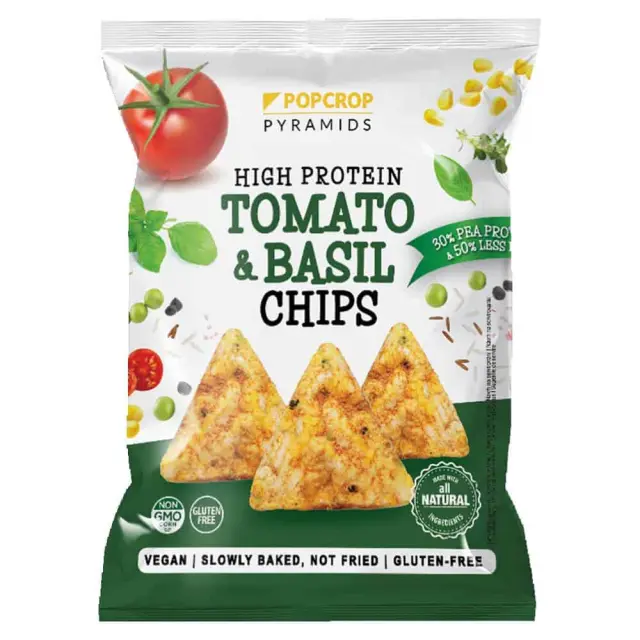 Vegan Chips Πρωτεΐνης με Ντομάτα & Βασιλικό 60g - Popcrop