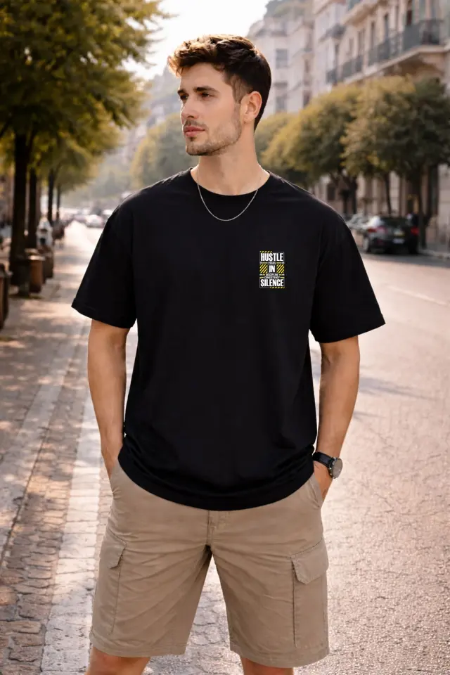 T-shirt Noshame® Oversized Μαύρο με τύπωμα Hustle In Silence - 152628 - XXL 2
