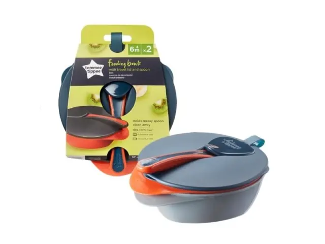Tommee Tippee Παιδικό Μπωλ Σετ Φαγητού Με Προστατευτικό Καπάκι και Κουτάλι Easy Scoop Bowl Μαύρο 2τμχ 2
