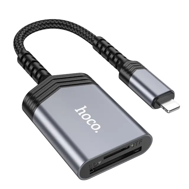 Αναγνώστης Κάρτας Μνήμης Hoco UA25 2 σε 1 Lightning 480Mbps και 2TB για Micro SD/SD OTG Κοντό και Anti-bending Καλώδιο Γκρι Herbolive