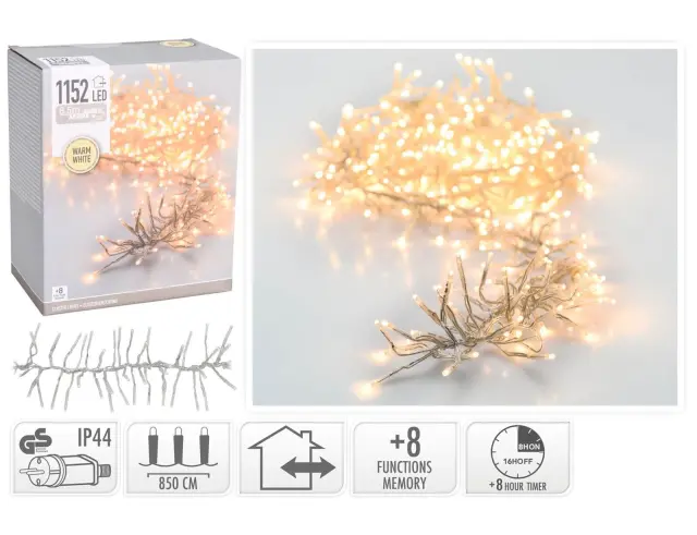 1152 Φωτάκια LED - 8.4 Μέτρα + 3 Μέτρα σύνδεσης, Κανονική Διάταξη, με χειριστήριο, 8 προγράμματα, Διάφανο καλώδιο PVC - Θερμό Λευκό AX8550440
