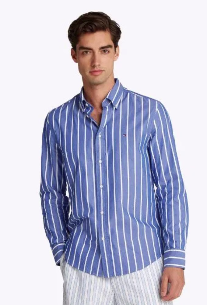 Tommy Hilfiger Μακρυμάνικo Βαμβακερό Πουκάμισο σε Κανονική Γραμμή Ριγέ Μπλέ Μπλε