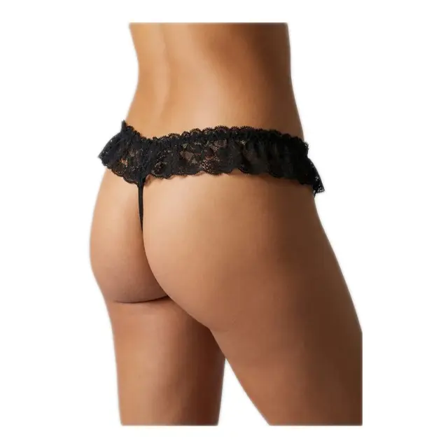 Milena Γυναικείο G-String Δαντέλα με Βολάν & Φιογκάκι με Strass, Χρώμα Μαύρο - S 2