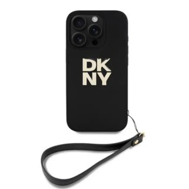 DKNY PU Leather Stack Logo Wrist Strap Case for iPhone 16 Pro Max Black