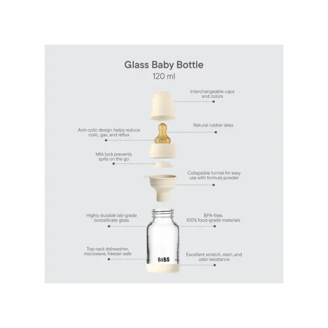 BIBS - Glass Baby Bottle Round Latex Slow Flow - Sage - 120 ml - Baby and Children 3