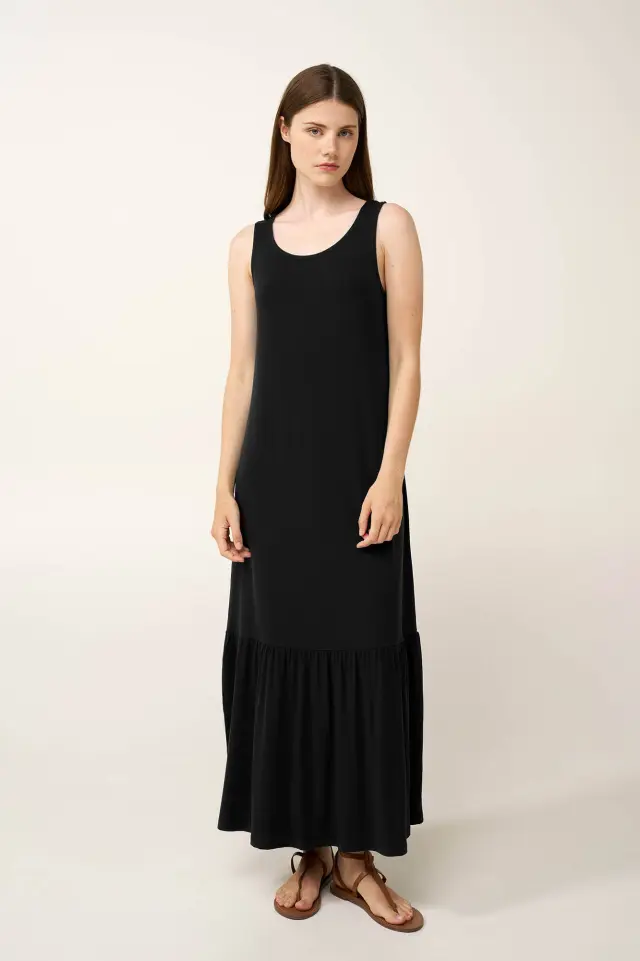 Μονόχρωμο Maxi Καλοκαιρινό Viscose Φόρεμα Vamp 24492 BLACK