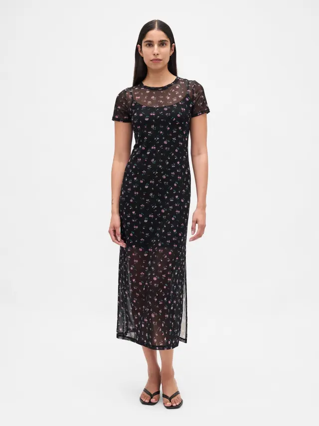 Mesh Maxi Φόρεμα Black & pink blossom