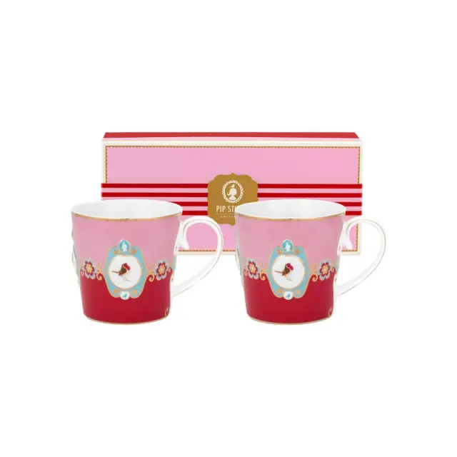 Pip Studio Σετ 2 Πορσελάνινες Κούπες 300ml / Set 2 Mugs in Deluxe Gift Box: Love birds (Red/Pink)