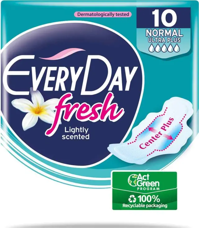 EveryDay Fresh Normal Ultra Plus, Κανονικού μήκους λεπτές σερβιέτες, με φτερά προστασίας, 10 τεμάχια