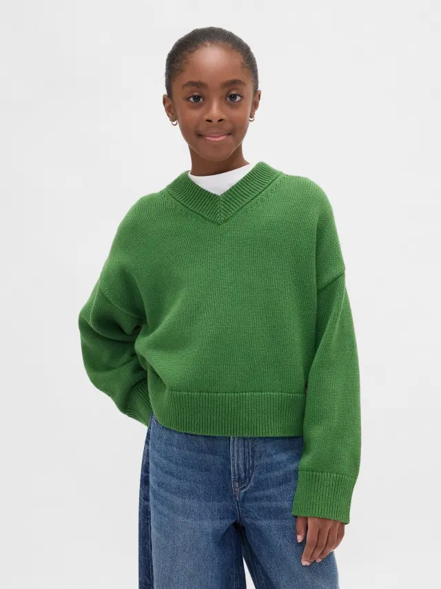 Παιδικό Boxy V-Neck Πουλόβερ Saratoga green