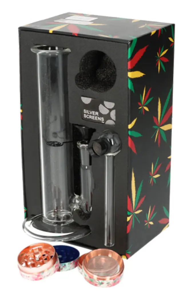 Bong Σετ «Rasta Leaf» με Bong 20cm, Grinder, Πιπάκι και Σίτες