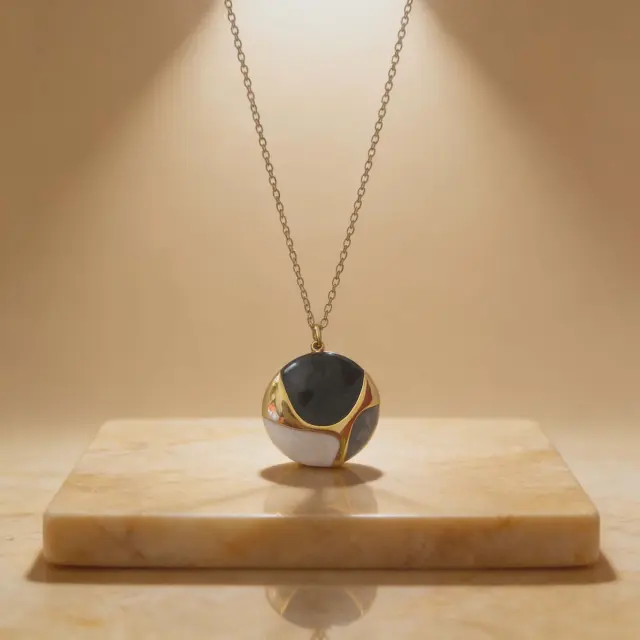 Handmade Round Necklace with Black & White Enamel