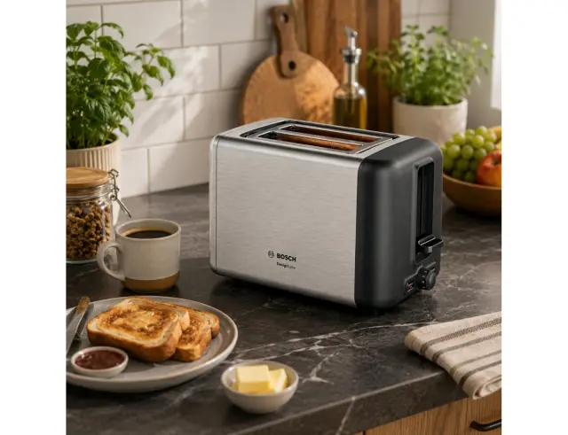 Compact Φρυγανιέρα Bosch DesignLine TAT3P420 με ισχύ 970W και χωρητικότητα 2 φέτες ψωμιού - Brushed steel TAT3P420