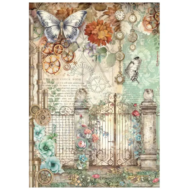 Ριζόχαρτο ντεκουπάζ Stamperia 21x29cm A4, Gardens of Time, Πεταλούδα και πύλη