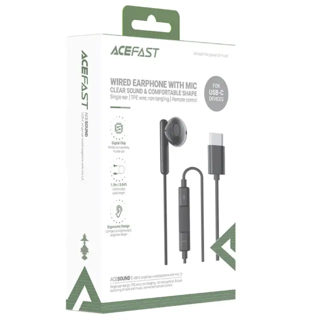 Hands Free Acefast L9 Μονό Ακουστικό USB-C με HD Μικρόφωνο Συμβατά με Όλες τις Συσκευές USB-C Μαύρα 1.2m 2