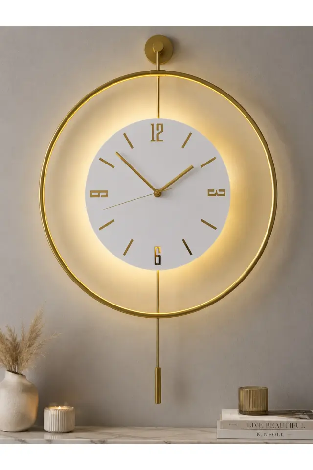 Stewehome Ρολόι τοίχου με φωτισμό LED και μηχανισμό quartz μοντέρνου στρογγυλού σχεδίου Χρυσό 50x75 cm