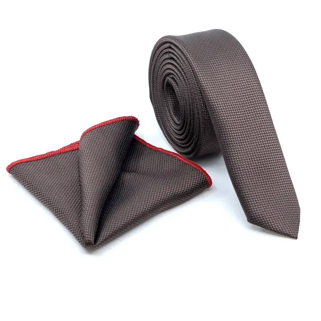 Καφέ Oxford Γραβάτα Slim 4,5 cm Σετ με Μαντηλάκι