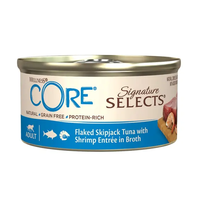 Wellness Core Signature Selects Λεπτές Νιφάδες Τόνος & Γαρίδα Σε Ζωμό 79gr Μονόχρωμο