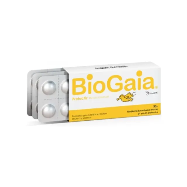 BIOGAIA Protectis Junior Παιδικά Προβιοτικά Για Γαστρεντερικές Διαταραχές Με Γεύση Φράουλα 30 Μασώμενα Δισκία