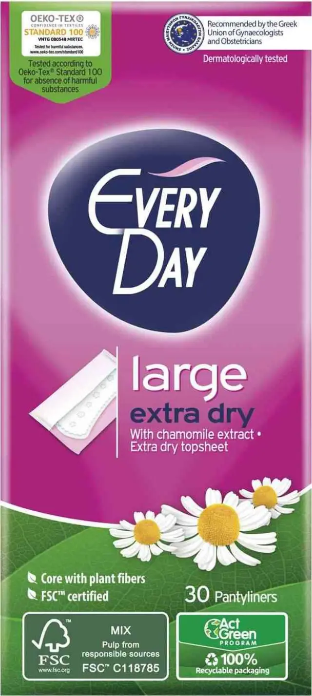 Every Day Extra Dry Large Ανατομικά Σερβιετάκια με Έξτρα Στεγνό Κάλυμμα & Εκχύλισμα Χαμομηλιού 30 Τεμάχια