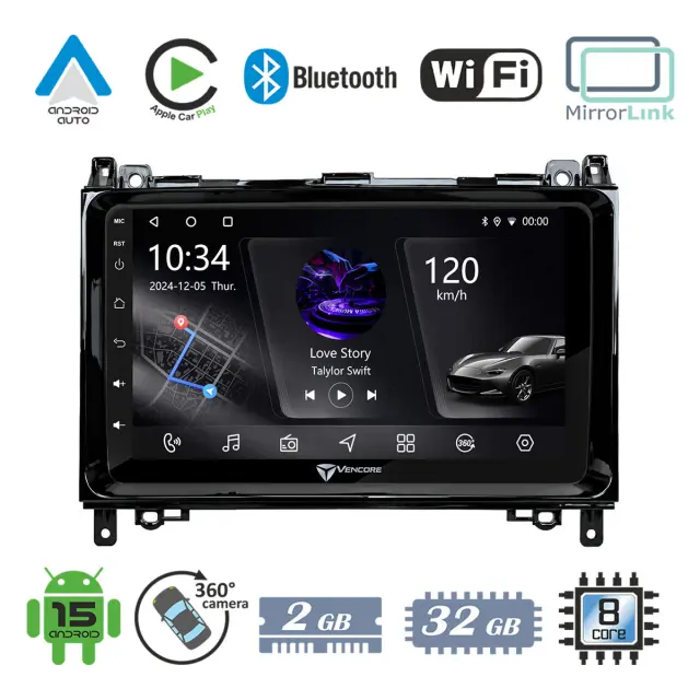 VenCore Οθόνη Multimedia Android 15 9" PX5S Octa-Core 2GB/32GB IPS με Πρόσοψη, CarPlay, Android Auto και Υποστήριξη Κάμερας 360° για Mercedes B-Class W245 2005-2011 – Μαύρη (3236-10005-0759B4)