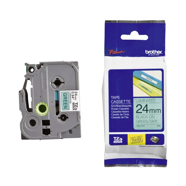 Brother TZe-751 Labelling Tape Cassette – Black on Green, 24mm wide (TZE751) (BROTZE751) Brother Labels