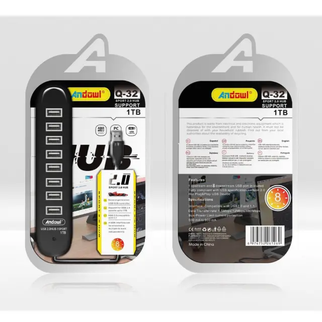 Andowl USB Hub 8 Θυρών με Σύνδεση USB και Υποστήριξη 1TB Q-32 2