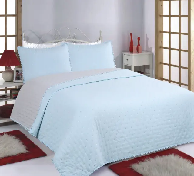 ΚΟΥΒΕΡΛΙ σετ (170cm x 240cm +50cm x 70cm) PON-PON sky blue/ grey - -