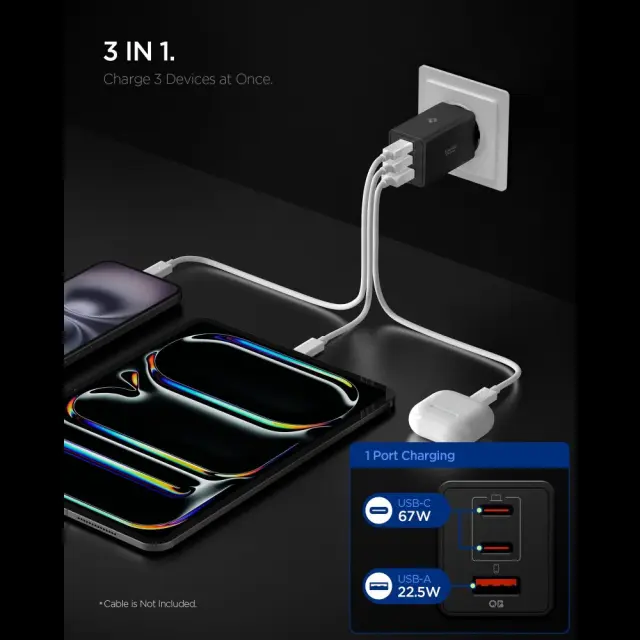 SPIGEN EE673EU ESSENTIAL 3-PORT NETWORK CHARGER 67W BLACK 2