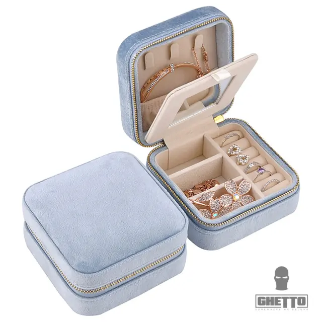 Ghetto Velvet Portable Jewelry Organizer Box with Mirror | Travel Storage Case for Rings, Earrings + Necklaces Blue