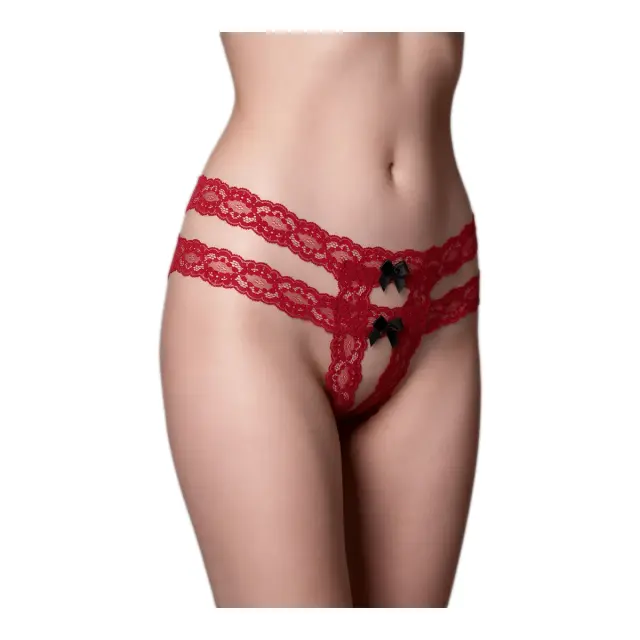 Milena Γυναικείο G-String Ανοιχτό με Διπλή Δαντέλα & Σατέν Φιογκάκια, Χρώμα Κόκκινο