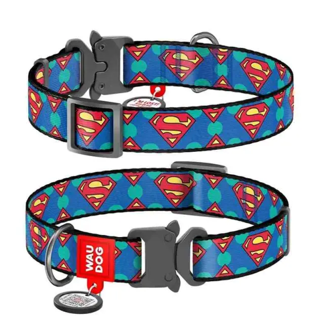 Wau Dog Περιλαίμιο με Smart ID & Μεταλλικό Κούμπωμα Superman Blue Μπλε - S