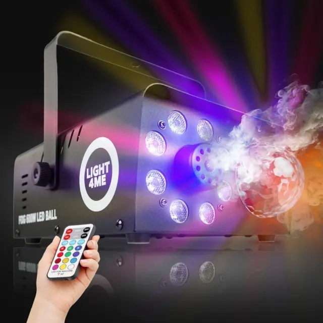 LIGHT4ME FOG 600W LED BALL fog machine fog generator 8x1W RGB backlight smoke effect 6x1W R/G/B/W/A/P disco ball wireless remote control mounting bracket 2
