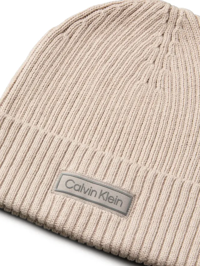 Calvin Klein Patch Chunky Rib Cotton Beanie Σκούφος Μπεζ 3