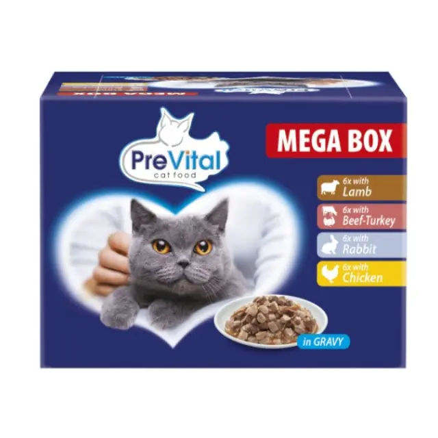 PREVITAL Cat Food Megabox with Lamb, Beef, Rabbit, and Chicken in Gravy - Wet Cat Food - 24 x 100g