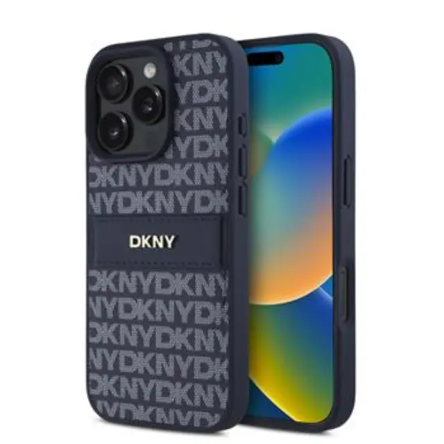 DKNY PU Leather Repeat Pattern Tonal Stripe Case for iPhone 16 Pro Max Blue