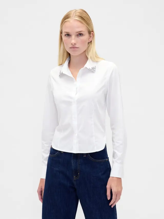 Οργανικό Βαμβάκι Fitted Crop Πουκάμισο White shine