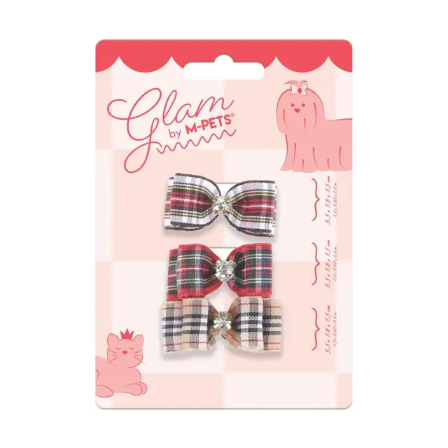 M-PETS GLAM Λαστιχάκια Τριχώματος για Σκύλους & Γάτες Καρό Φιογκάκια Κόκκινο 3 Τεμάχια
