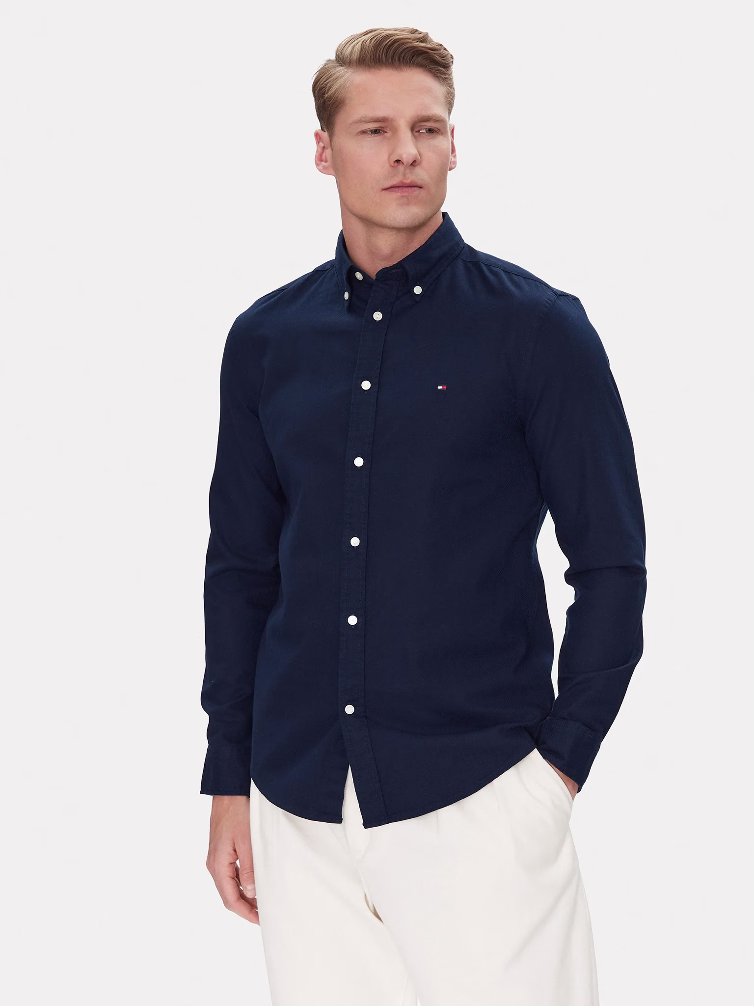 Tommy Hilfiger Μακρυμάνικo Βαμβακερό Πουκάμισο σε Στενή Γραμμή Carbon Navy Tommy Hilfiger Μπλε Σκούρο