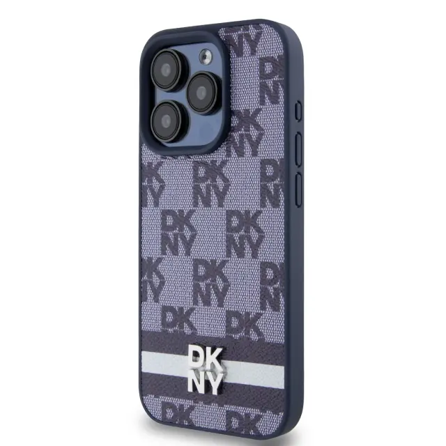 DKNY PU Leather Checkered Pattern and Stripe Case for iPhone 15 Pro Max Blue 3