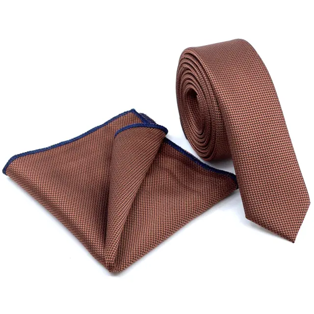 Κεραμιδί Oxford Γραβάτα Slim 4,5 cm Σετ με Μαντηλάκι
