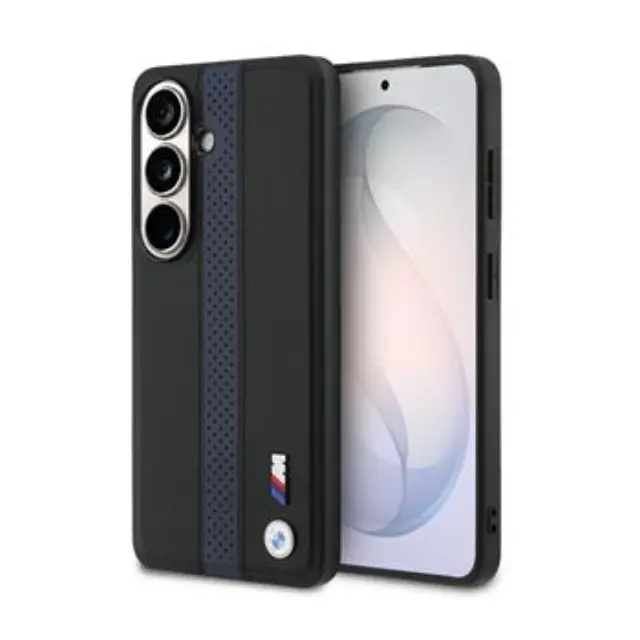 BMW M PU Leather Perforated Stripes and Metal Logo Magnetic Case for Samsung Galaxy S26 Blue