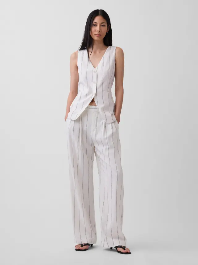 Άσπρο 365 High Rise Λινή-Μίξη Παντελόνι Off white stripe