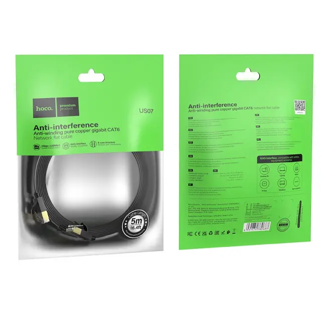 Καλώδιο Δικτύου Hoco US07 General Pure Copper Cat 6 UTP Πλακέ Καλώδιο 1Gbps 5m Μαύρο 2