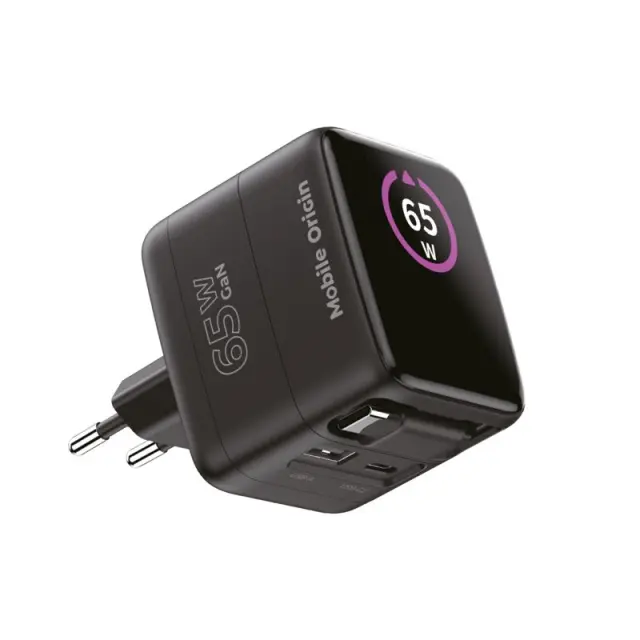 Mobile Origin 65W GaN Display Charger PW3 - USB-C Self-Retracting Cable + USB-C + USB-A 2