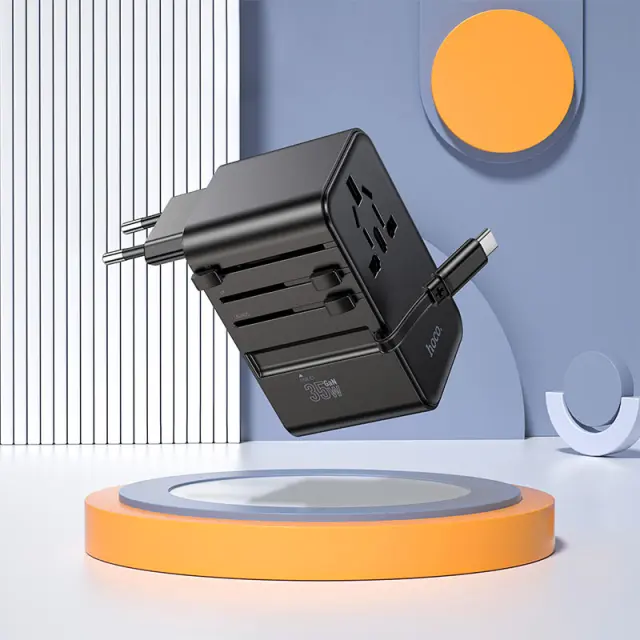Φορτιστής Ταξιδίου Hoco AC18 Universal Converter US EU AU UK με 2 χ USB 1 χ USB-C και Ενσωματομένο Καλώδιο USB-C PD35W QC3.0 Μαύρο 3