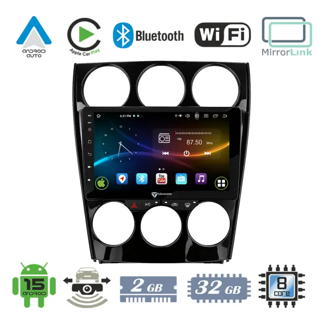 VenCore Οθόνη Multimedia Android 15 9" 9109A MTK6762 Octa-Core 2GB/32GB IPS με Πρόσοψη, CarPlay, Android Auto και Υποστήριξη Κάμερας Οπισθοπορείας AHD για Mazda 6 2002-2008 – Μαύρη (3236-10007-0263B)
