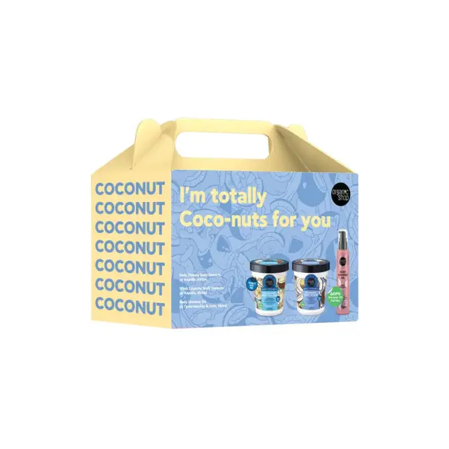 Organic Shop I'm Totally Coco-nuts For You Promo Σετ Περιποίησης Σώματος με Body Desserts Coconut Bite Απολεπιστικό Σώματος, 450ml, Body Desserts Coconut Panna Cotta Κρέμα Σώματος, 450ml & Δώρο Body Shimmer Oil Ξηρό Έλαιο Σώματος, 100ml, 1σετ